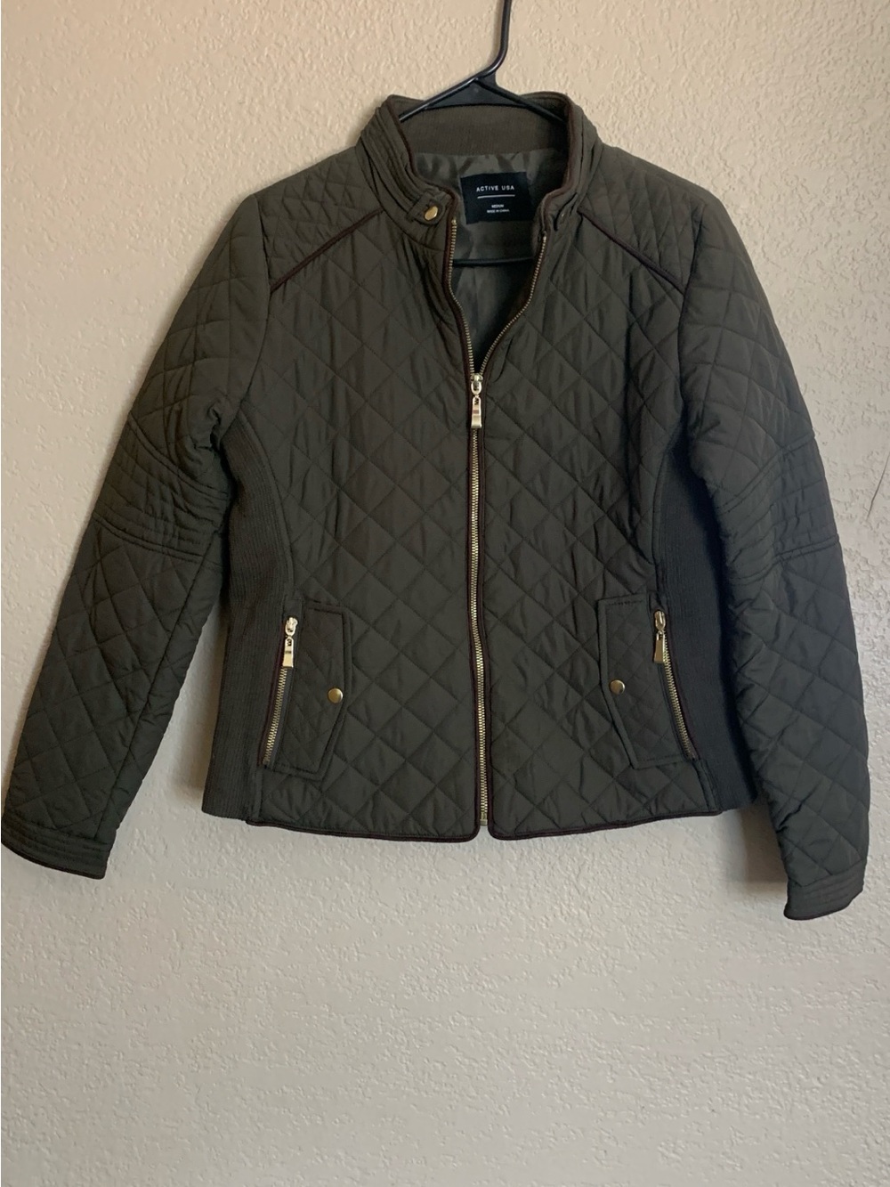 Active USA Quilted Olive Green Zip-Front Bomber Jacket